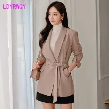 

2019 autumn and winter new Korean temperament lapel long-sleeved lace long casual blazer Single Breasted