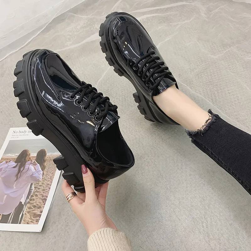 

Small Thick Bottomed Women's 2019 Platform New Style Versatile Leather Shoes Autumn & Winter Shoes Lace-up British Style round-T