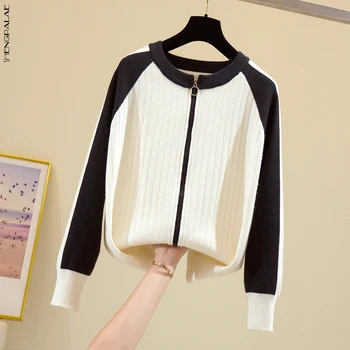 

SHENGPALAE Autumn 2020 Women's Sweater Round Neck Fashion Contrast Color Long-sleeved Zipper Loose Casual Knitted Cardigan ZC271