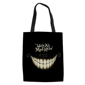 

THIKIN Halloween Smile Print Handbags Woman Canvas Handle Bag for Girls Students School Beach Shoulder Tote Cheshire Cat Pattern