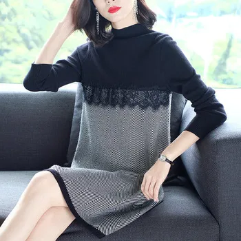 

Striped Fashion Thin The Dress Vestidos Lace Stitching Dress For Women Ukraine Knitted Women's Dresses Vestido De Festa