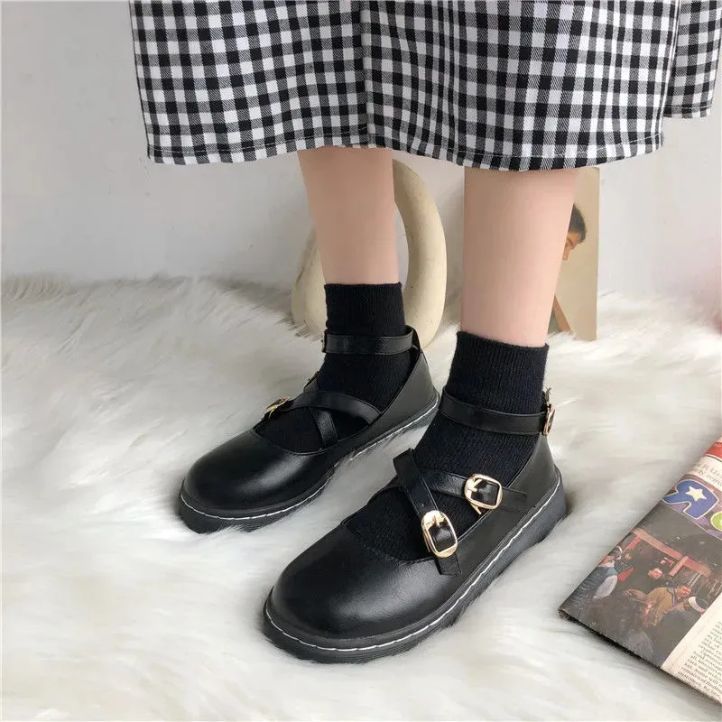 Women's y2k Gothic Punk Chain Shoes Chunky Platform Wedges Square Toe Motorcycle Shoes Fashion Designer Black Leather Flats 2022