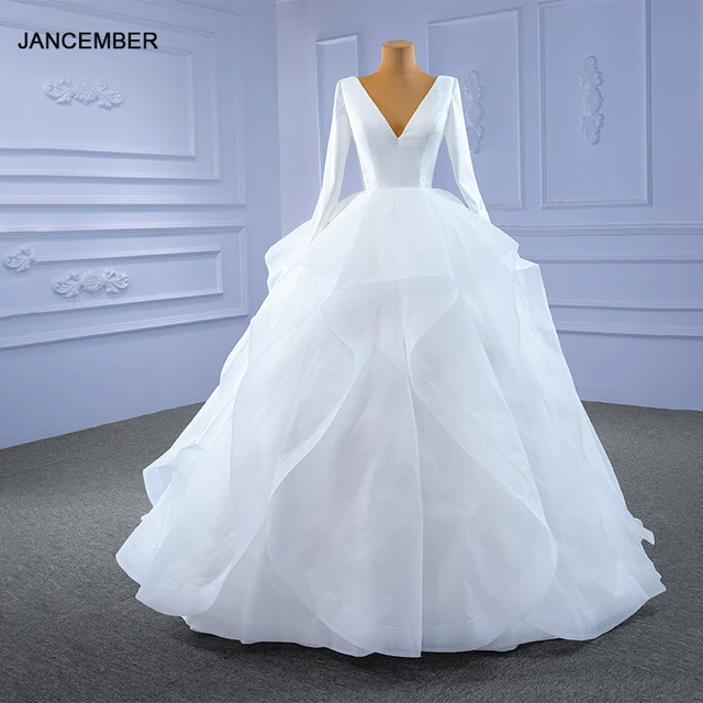J67310 JANCEMBER Concise White V-neck Wedding Dress 2021 New Long Sleeve Backless Frill Slim-fit Banquet Active Gown 1