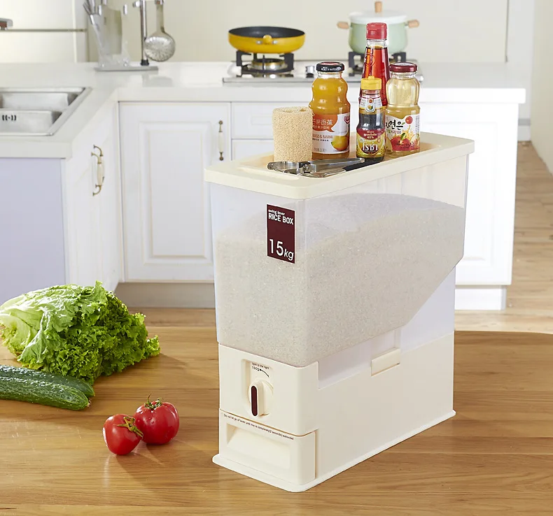 

Japanese Style Kitchen Creative Rotating Plastic Rice Box Moisture-Proof Pest Control Measuring Rice Storage Bin 15Kg Rice Bin
