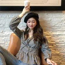 Gagaok Vintage Women Blouse 2020 Spring Autumn New V-Neck Plaid Full Slim Casual Sweet Chic Female Fashion Shirts Tops Gagaok Vintage Women Blouse 2020 Spring Autumn New V-Neck Plaid Full Slim Casual Sweet Chic Female Fashion Shirts Tops
