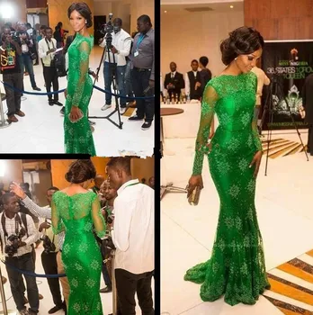 

2018 Glamorous long sleeve mermaid Prom Floor length Lace Green evening gown vestido para festa mother of the bride dresses
