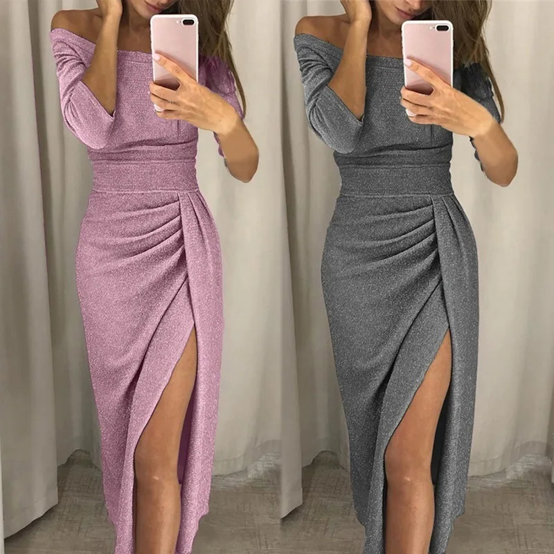 womens Party Dress sexy Shiny Off Shoulder Ruched Thigh Slit Dress Sexy Club Wrist Sleeve Women Dress
