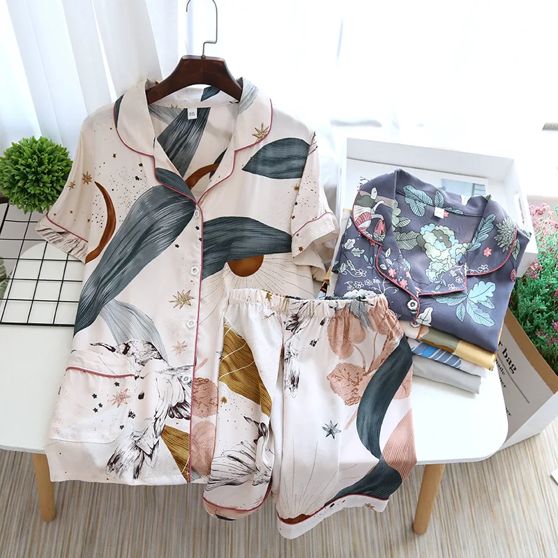 Été nouveau pyjamas femmes section mince short à manches courtes grand imprimé fleuri pyjamas service à domicile dames pyjamas pour les femmes