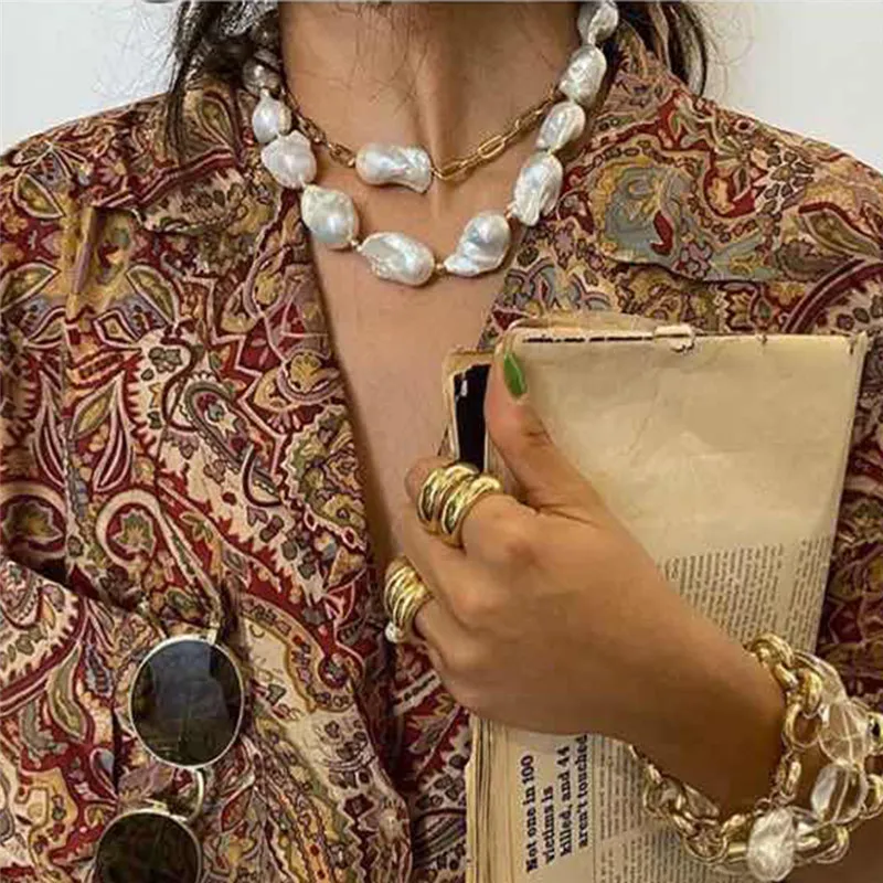

Xnmiscott Jewelry 2pcs/set Alloy Double-layer Baroque Irregular Pearl Necklace Hip-Hop Clavicle Chain for Women Friend Collier