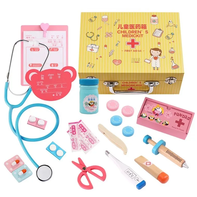 

Baby Doctor Toy Set cherish life Injection Tool Wooden Model Medicine Cabinet Children Character Play