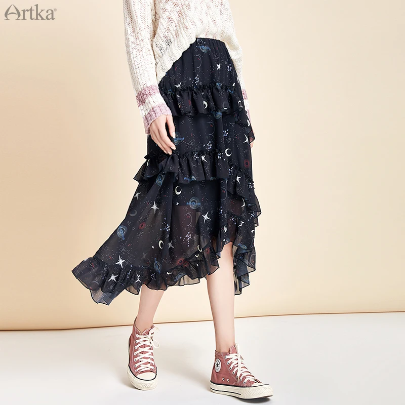 

ARTKA 2020 Spring New Women Skirt Romantic Starry Print Chiffon Skirts Elastic Waist Irregularly Ruffled Long Skirt QA25005C