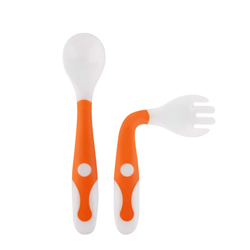 1 Fork 1 spoon orang Термостойкая детская обучающая ложка для кормления, посуда, удобный захват, набор ложка и вилка, Дорожный Чехол - Цвет: 1 Fork 1 spoon orang