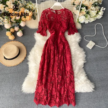 

Woman A-Line Dress O-Neck Femininity Lace Hollow Out Dress Trend 2020 Short Sleeve Slim Long Dresses