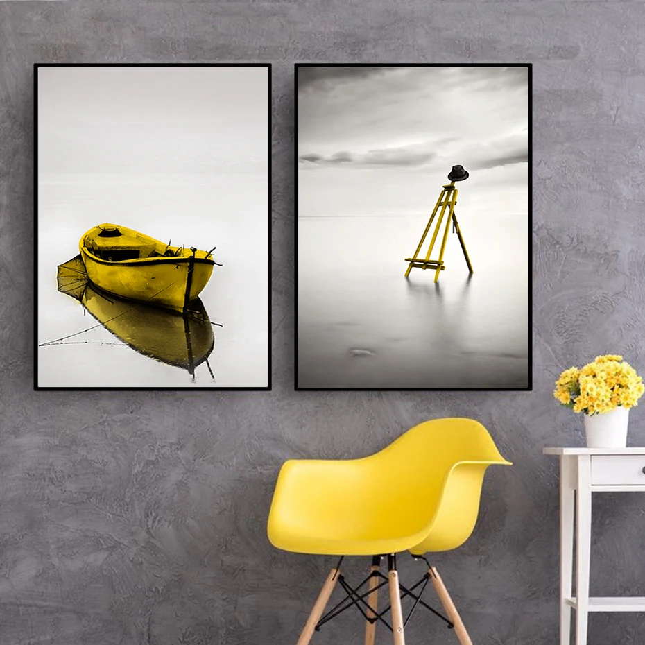Абстрактный спокойный пейзаж с озером желтый настенный художественный холст картины плакаты и принты интерьер для гостиной домашний декор