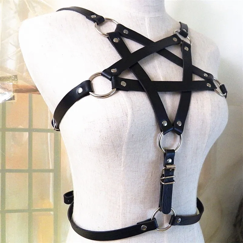 Woman Pentagram Punk Style PU Leather Harness Bra Belts Sexy Lingerie Body Bondage Bdsm Caged Bralette Gothic Garters