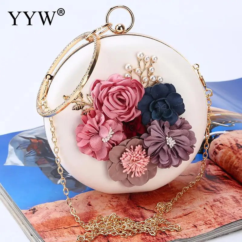 white Pink Round Flower Clutch Bag Womens Fashion Circular Ring Handbag Plastic Pearl Rhinestone Wedding Purse Pochette Femme - Цвет: white