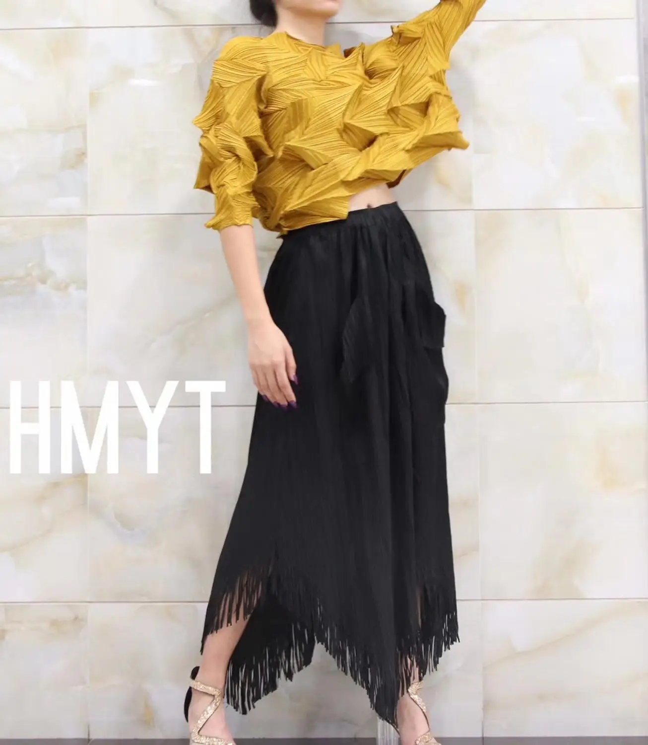 Горячая Miyake fold широкий бриммед саржа плиссированная кисточка Асимметричная плиссированная юбка Однотонная юбка