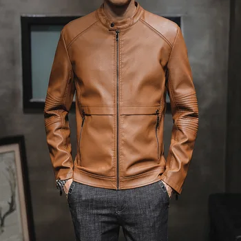 

2020 Autumn Men Casual Stand Collar Leather Coat Youth Wrinkle Joint Slim Fit Trend Handsome PU Leather Jacket