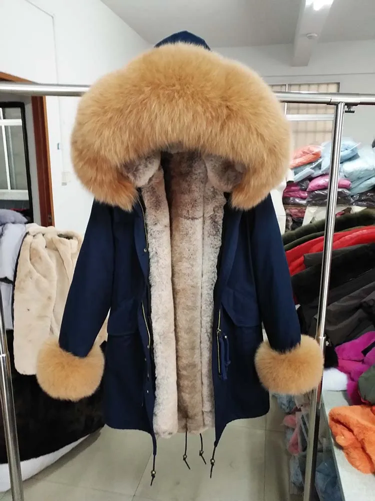 parka with fox fur big large fox fur collar and liner rabbit fur thick warm fashion new Detachable Casual style natural fur coat