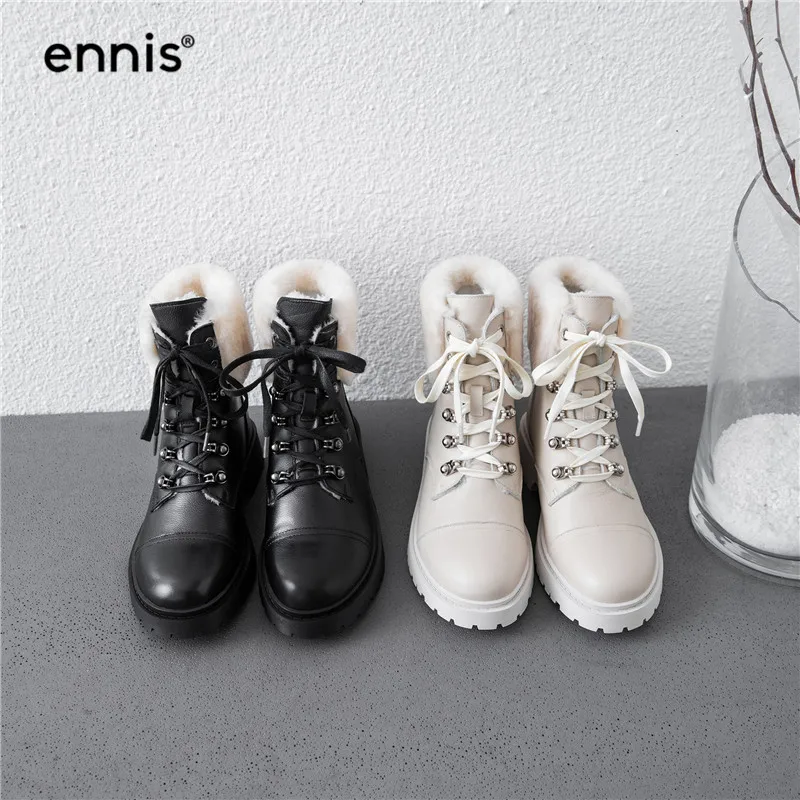 ENNIS/женские зимние ботинки; ботильоны martin на платформе; женские зимние ботинки из натуральной кожи на овечьем меху со шнуровкой; Теплая обувь черного цвета; A9337