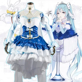 

2020 New Anime Cosplay Costume For Snow Princess Unisex Adult Halloween Cosplay Party Props Blue Dress Suit With Puff Sleeve