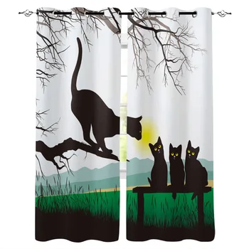 

Bench Branches Landscape Kitten Grass Park Window Curtains LivingRoom Kitchen Curtains Left and Right Biparting Open