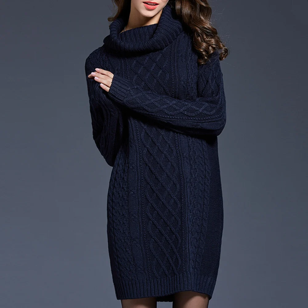 Dark blue Водолазка вязаное платье Зимний свитер короткое платье для женщин модное сексуальное Клубное платье с длинным рукавом плюс размер Новое Женское теплое платье - Цвет: Dark blue