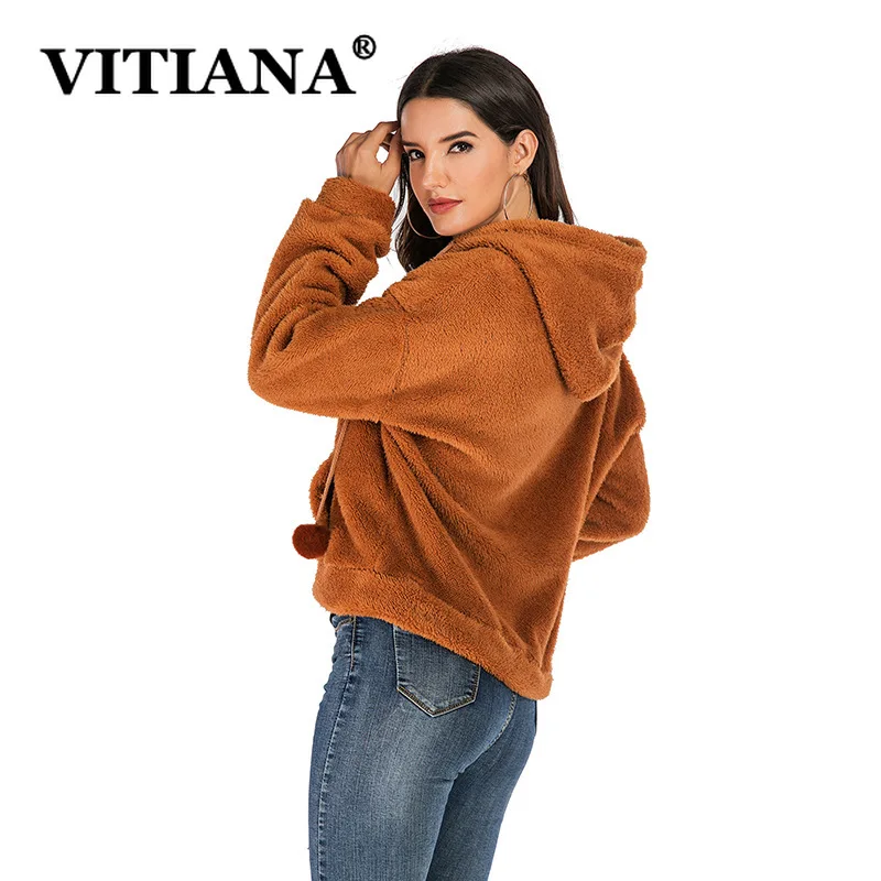VITIANA, женское повседневное короткое пальто из искусственного меха, осень, женская элегантная шапка на молнии, теплая мягкая плюшевая верхняя одежда, Женское зимнее пальто, куртка