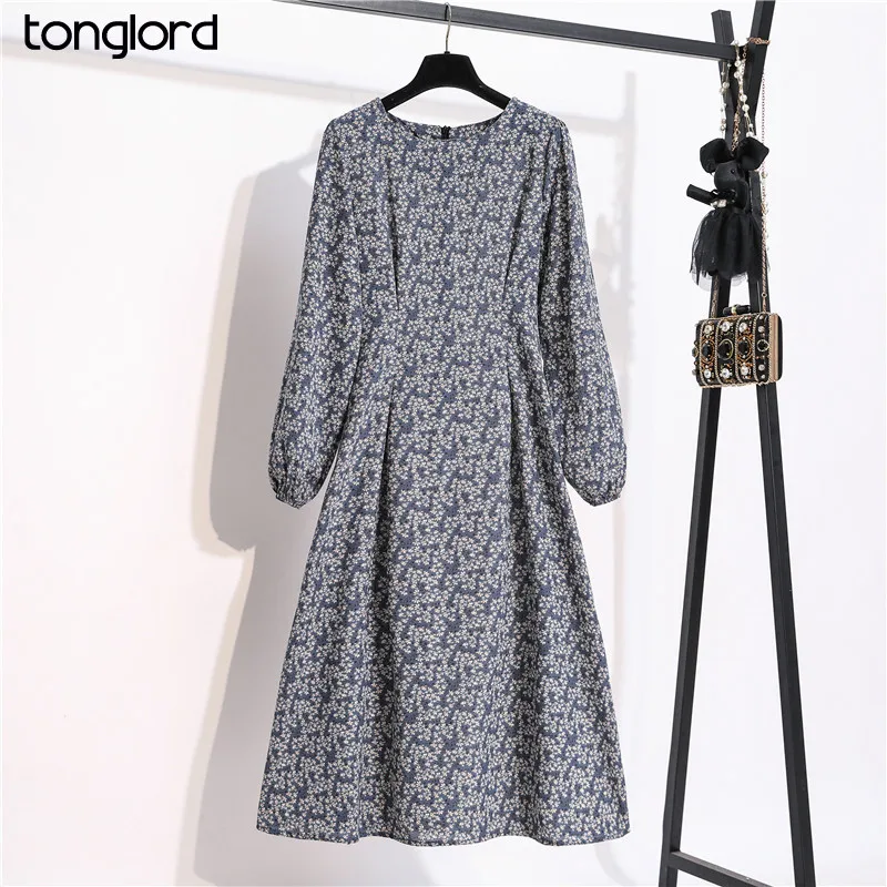 Tonglord 2020 New Floral Printed Chiffon Dress Women Autumn Spring Long-sleeved O-Neck High Waist Long Dresses Female Vestidos