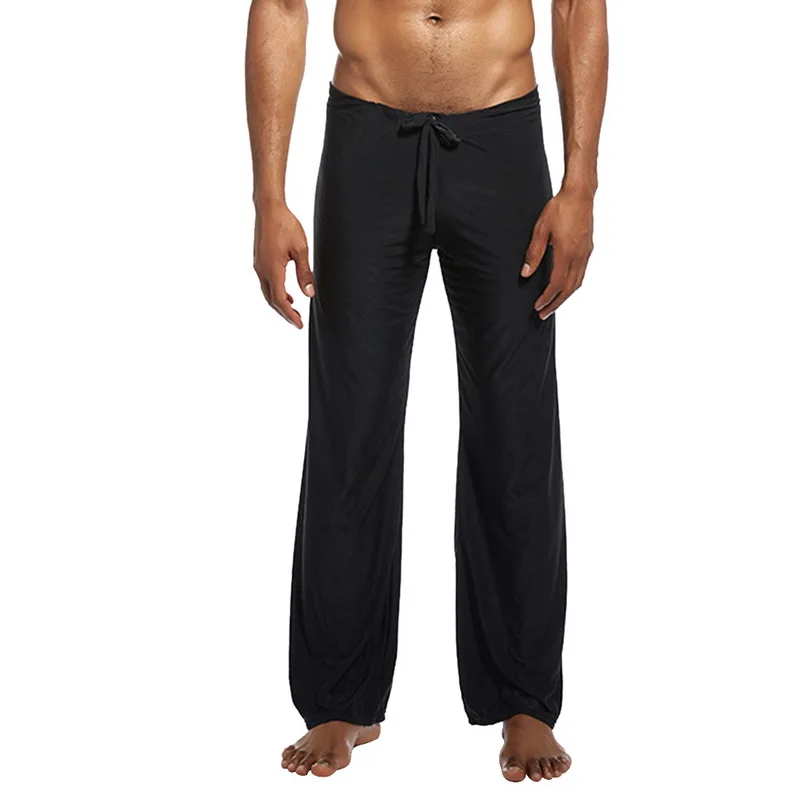 Litthing,, мужская домашняя пижама из шелка, одноцветная, на шнуровке, свободные штаны, штаны для йоги, хлопковые, качественные, удобные - Цвет: Black