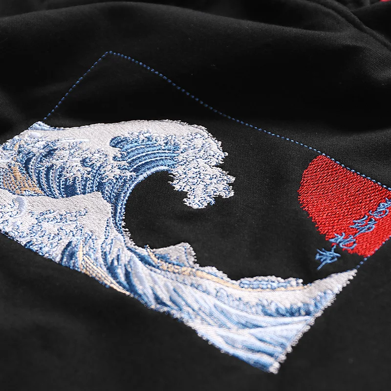 2019 мужская толстовка с капюшоном в стиле хип хоп вышивкой Kanagawa Wave Japanese Harajuku Ukiyoe