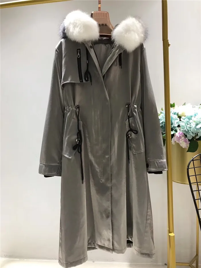 silver gray Зимняя водонепроницаемая парка для женщин с подкладкой из натурального кролика Рекс Длинная зимняя куртка воротник из натурального меха лисы с капюшоном толстые теплые парки - Цвет: silver gray