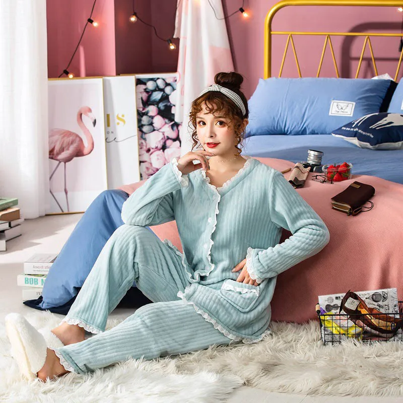 Winter New Ladies Flannel Pajamas Set Solid Color Sweet Pink Sleepwear 2PCS Set Women Comfort Thick Female Winter Homewear