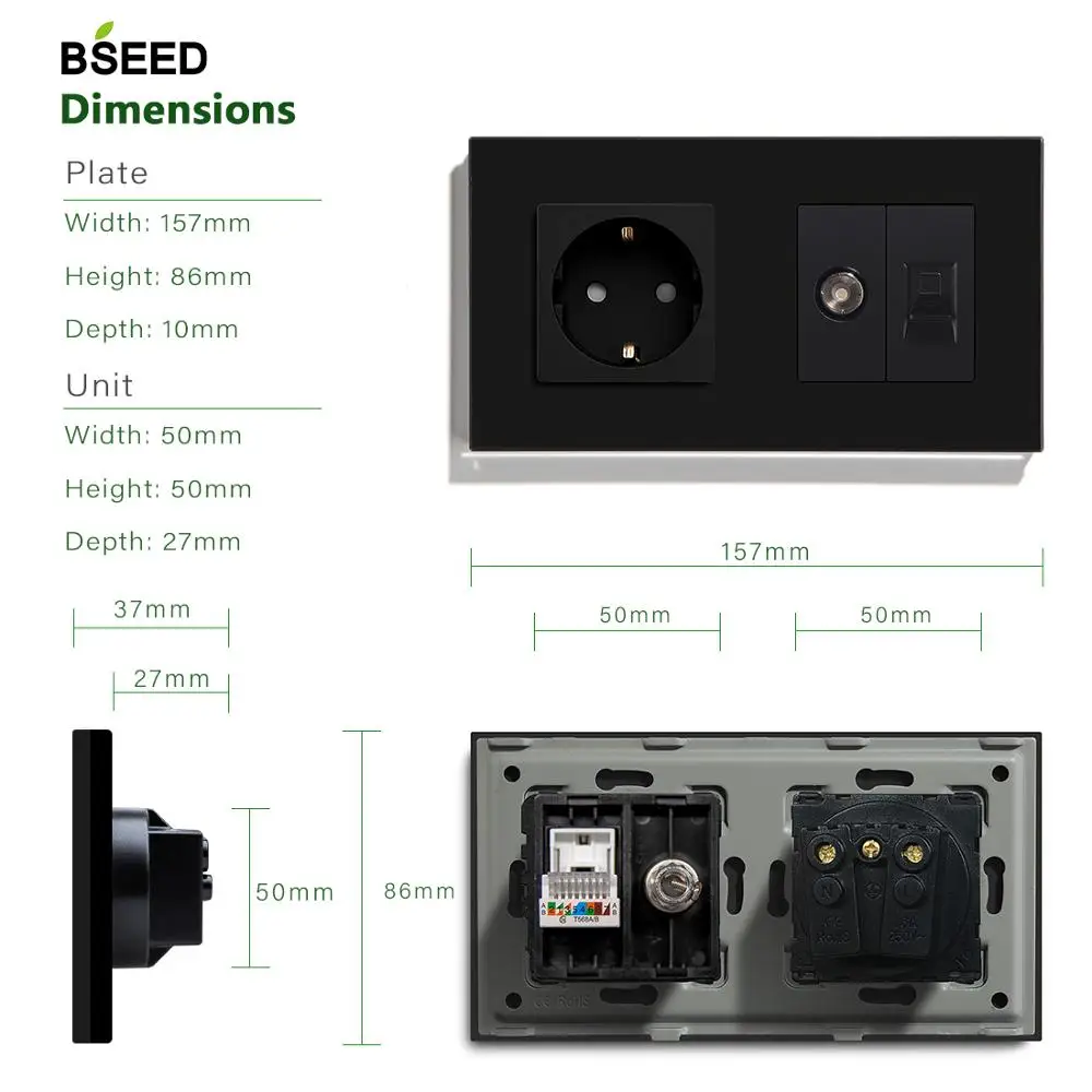 BSEED настенная розетка стандарта ЕС с ТВ ПК Розетка кристальная стеклянная панель белый черный золотой стандарт ЕС 157 мм