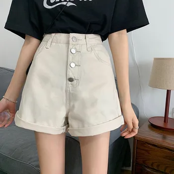 

SML 2 Colors high Waist Denim Shorts jeans for Women single breasted button 2020 Summer Ladie loose casual Shorts womens (F7481)