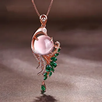 

New Arrival Pink Crystal Phoenix Rose Gold Pendant Necklace for Women Sweater Box Chain Fashion Wedding Party Jewelry Gifts