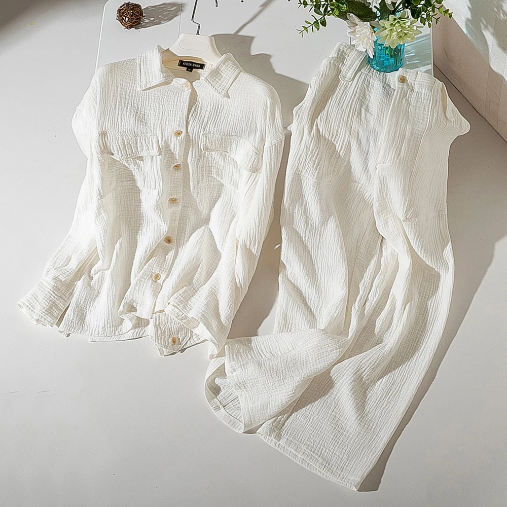

Cthink Spring Two Piece Set White Linen Blend Turn Down Collar And Wide Leg Pant Loose Fashion 2020 Women's 2 Piece Set Women