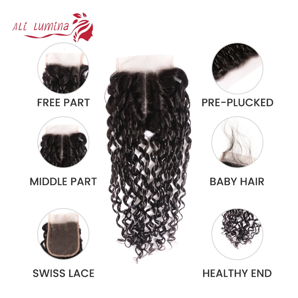 Ali Lumina Bouncy кудрявые бразильские волосы плетение пучки с 4X4 кружева закрытие Remy человеческие волосы пучки с закрытием натуральный цвет