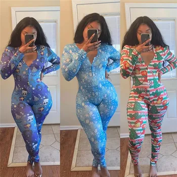 

2020 Sexy Women Deep V-neck Sleepwear Jumpsuit Romper Leotard Long Sleeve Christmas Halloween Print Button Jumpsuits Long Pants