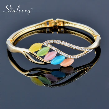 

SINLEERY Blue Yellow Green Pink Orange Oval Opal Bangles For Women Yellow Gold Color Tiny Crystal Friendship Gifts SL203 SSI
