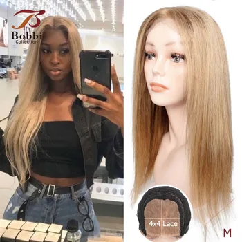 

BOBBICOLLECTION 4x4 Lace Closure Human Hair Wig Ombre Honey Blonde Pre-Plucked 150% Density Straight Brazilian Non-Remy Hair