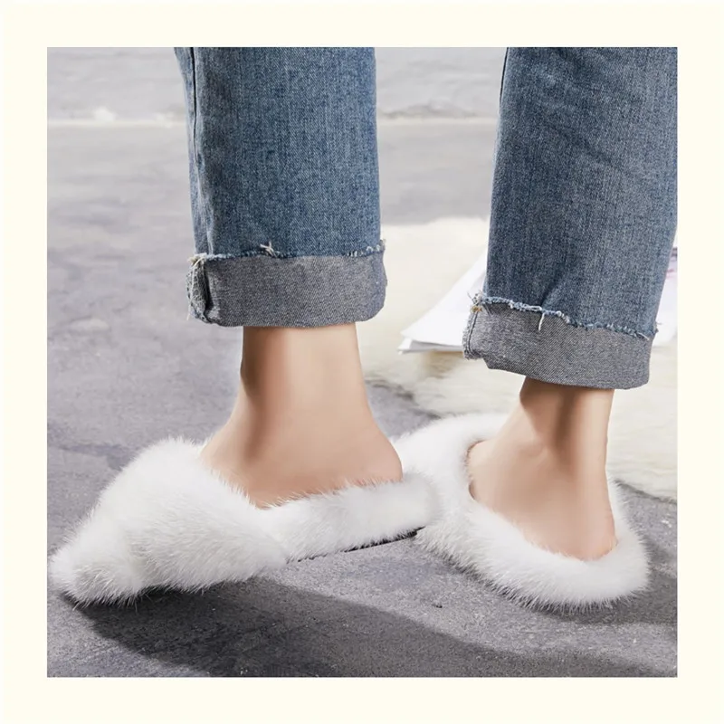 Zapatillas cruzadas de pelo de visón importadas para mujer, zapatos de lana  con fondo grueso de cuero, arrastre exterior perezoso, otoño e invierno,  100% - AliExpress Calzado