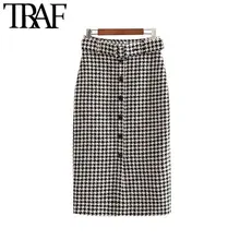 TRAF, Женская винтажная элегантная твидовая юбка миди с узором «гусиная лапка», модная клетчатая офисная одежда с поясом и пуговицами, женские юбки Faldas Mujer