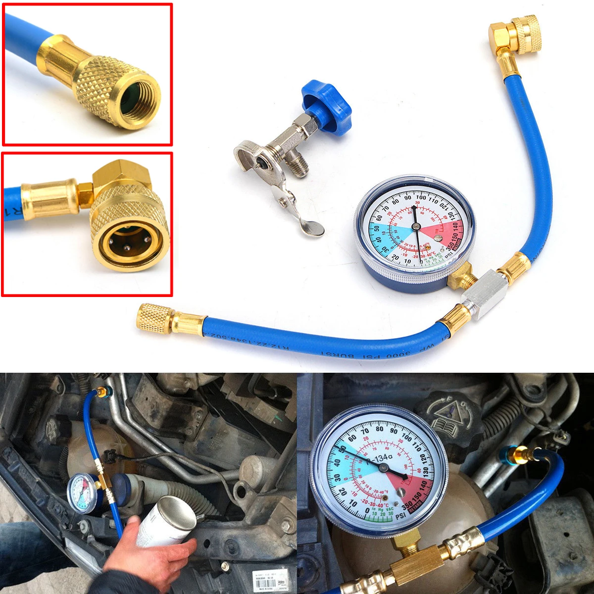 Nuovo Tubo Flessibile Di Ricarica R134A R12 R22 Blu Per Gas Refrigerante + Manometro 250Psi