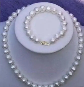 

Free Shipping 9-10mm South Sea AAA+++White Baroque PEARL NECKLACE +bracelet7.5-8" 925silver