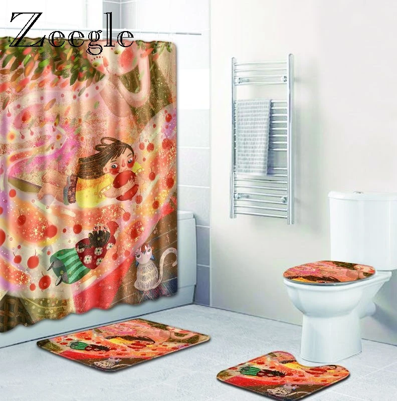 Zeegle 3D печатные коврики и коврики для ванной комнаты ковер для душа 3 шт. и занавеска для душа водонепроницаемый микрофибра Нескользящие Коврики для душа