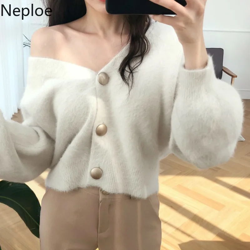 Neploe, v-образный вырез, фонарь, длинный рукав, теплый кардиган, свитер для женщин, Осень-зима, верхняя одежда, одинарная грудь, вязанное Женское пальто 47657