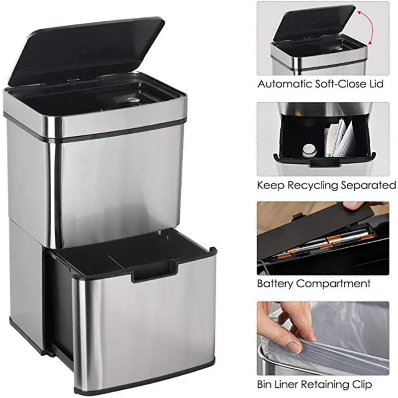 

62L Induction Kitchen Waste Bin Stainless Steel Rubbish Separator with 3 Compartments Fully Automatic Trash Can With 3L Shcan