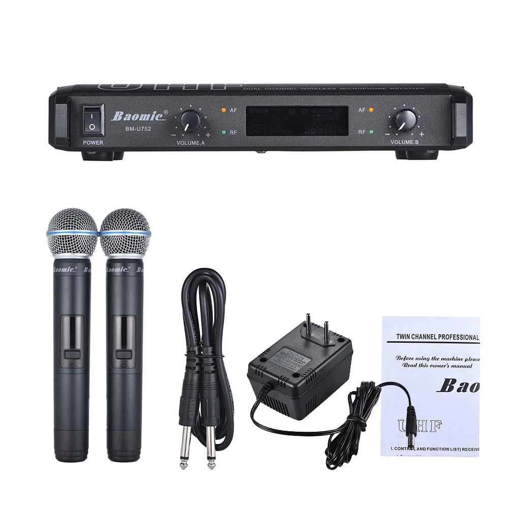 Baomic Профессиональный двухканальный УВЧ цифровой беспроводной ручной микрофон Система 2 микрофона и 1 приемник 6,35 мм