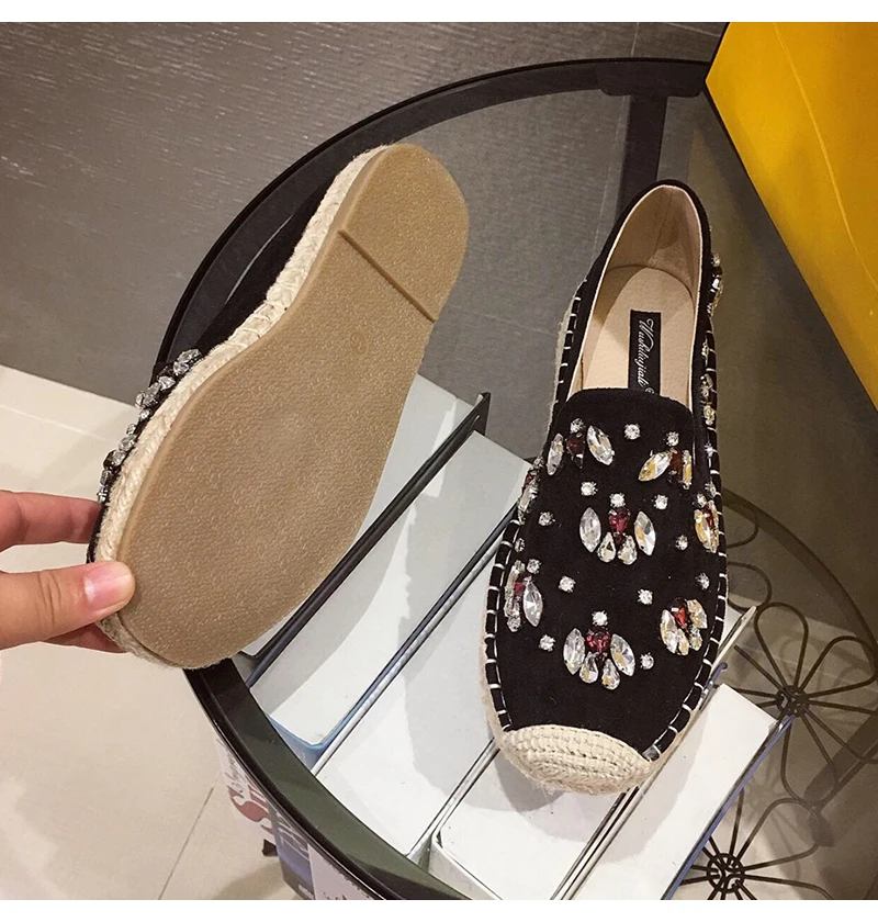 Fashion Hemp Loafers Women Espadrilles Flats Shoes Sewing Rhinestone Round Toe Ladies Casual Moccasins Slip On Brand Style New